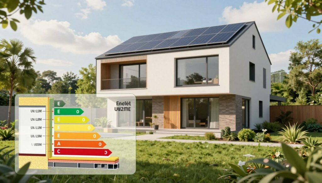 A modern architectural scene showcasing energy efficiency and U-values. In the foreground, a detailed diagram of a building section, emphasizing insulation layers and thermal performance metrics. The middle ground features a contemporary house with large windows and solar panels, surrounded by lush greenery that enhances the eco-friendly theme. The background consists of a bright blue sky with soft clouds, symbolizing a sustainable environment. Soft, natural lighting emphasizes the building's features while creating a warm, inviting atmosphere. The overall mood is optimistic and forward-looking, reflecting advancements in energy efficiency and sustainability in architecture.
