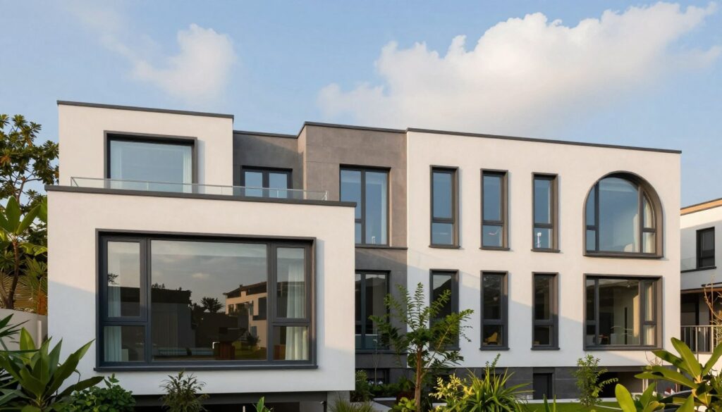 A modern architectural scene showcasing various styles of windows. In the foreground, a sleek, double-glazed window with a minimalist frame reflects natural light, surrounded by lush greenery. The middle ground features an array of window shapes—square, rectangular, and arched—set into a stylish building facade. These windows are designed with energy-efficient materials, emphasizing contemporary aesthetics. The background showcases a clear blue sky with soft, white clouds, creating a bright and inviting atmosphere. The lighting is soft and warm, enhancing the inviting mood of the scene. The image should capture the essence of modern window designs, illustrating their diversity and innovation in architecture, without any human presence.