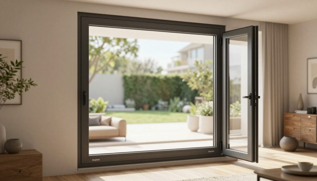 A modern, elegant Aluplast window, showcasing its sleek design and high-quality materials. The foreground features the window clearly displayed open, allowing natural light to pour into a stylish, contemporary living room with minimalistic decor. In the middle ground, soft textures and earthy tones of the furnishings complement the window, while greenery from the outside adds a touch of nature. In the background, a bright, inviting view of a sunny garden is visible, enhancing the ambiance. The lighting is bright and warm, creating a cozy atmosphere. The image is captured at eye level, emphasizing the window's craftsmanship and integration with the home environment. No people are present in the scene, focusing solely on the window and its surroundings.