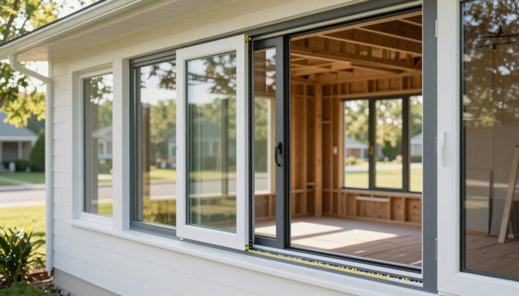 A modern, energy-efficient window installation in a residential setting, showcasing multiple windows with sleek frames reflecting natural light. In the foreground, a window reveals a detailed view of energy-saving glass and frame insulation. The middle ground features a partially open home with visible structure integrity, emphasizing the importance of quality materials. In the background, a serene suburban landscape with green trees and sunlight filters softly through, setting a welcoming atmosphere. The scene is well-lit, capturing the essence of eco-friendliness and home improvement, with a focus on craftsmanship. The perspective is slightly angled to showcase depth and engage the viewer’s interest, embodying the theme of enhancing home value through window upgrades.