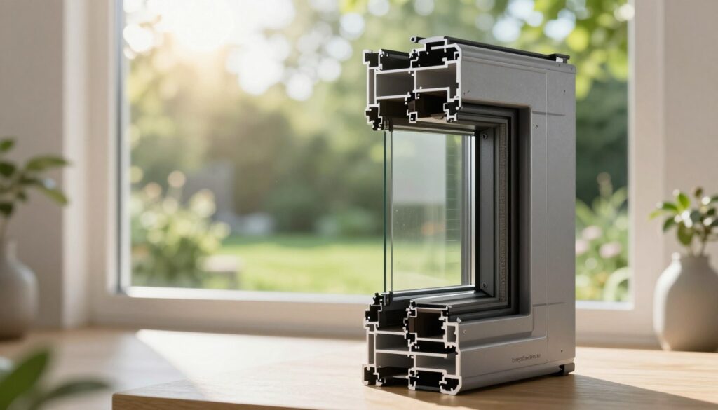 A modern energy-saving window (Energiesparfenster) as the focal point, elegantly displayed in the foreground, showcasing its sleek design and layered glass with thermal insulation properties. The middle ground features a bright, airy room bathed in natural daylight filtering through the window, emphasizing the clarity and quality of the glass. The background consists of a lush green garden visible through the window, symbolizing energy efficiency and connection to nature. Soft, diffused lighting creates a warm atmosphere, while a slight lens flare enhances the sunlight's effect on the glass. The overall mood is serene and inviting, perfectly illustrating the importance of selecting the right glazing for optimal energy conservation.