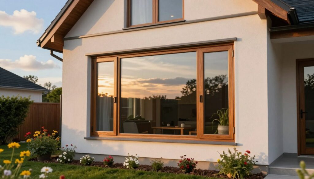 A modern home exterior showcasing newly installed energy-efficient windows, highlighted in soft, natural light during the golden hour. In the foreground, the sleek, double-glazed windows are adorned with elegant wooden frames, reflecting the warm hues of the sunset. In the middle ground, a well-maintained garden with blooming flowers flanks the house, adding a touch of color and vibrancy. The background features a clear blue sky blending into soft, fluffy clouds. The overall atmosphere is inviting and serene, conveying the essence of home improvement and eco-friendly choices. The image focuses solely on the architectural beauty of the windows and the surrounding environment, without any people or text elements.
