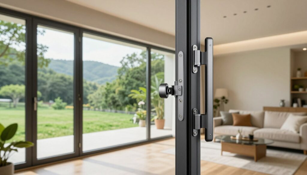 A modern home interior featuring advanced window fittings designed for energy efficiency. In the foreground, sleek, high-tech window latches and hinges are highlighted, showcasing innovative materials and designs. The middle ground includes large energy-efficient windows that let in abundant natural light, revealing a vibrant green landscape outside, emphasizing sustainability. The background shows a cozy living space with soft lighting that creates a warm and inviting atmosphere. The scene is captured with a wide-angle lens to enhance depth, and the lighting is bright yet soft, accentuating the clarity and modernity of the window hardware. Overall, the mood is one of comfort and eco-friendliness, reflecting the importance of energy efficiency in home design.
