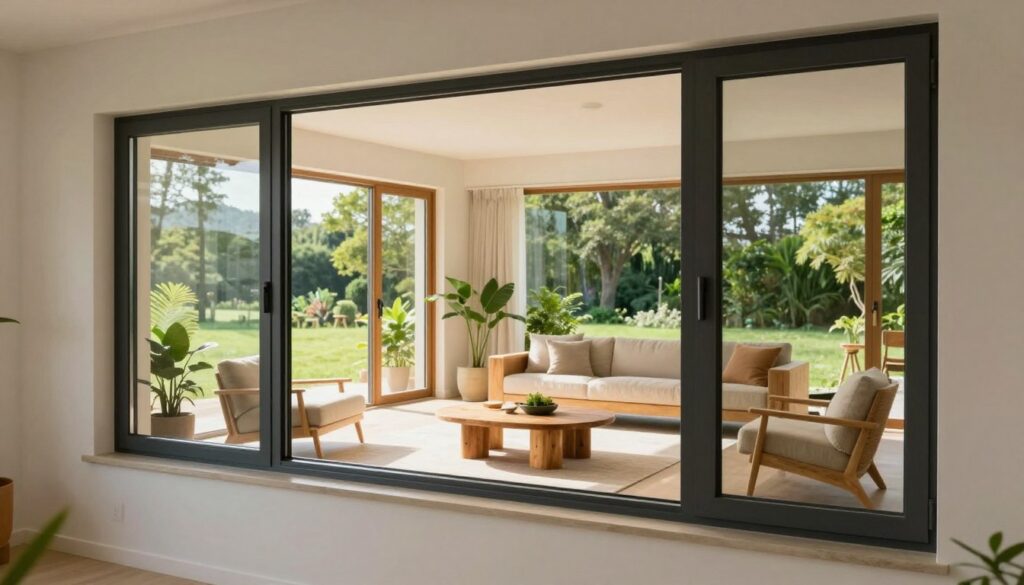 A modern home interior showcasing energy-efficient windows reflecting sustainability. In the foreground, sleek, double-glazed windows with low-emission coatings, revealing a bright and airy living space filled with natural light. The middle layer features stylish furniture made from sustainable materials, emphasizing an eco-friendly lifestyle. In the background, a vibrant landscape of greenery visible through the windows, symbolizing a connection with nature. Soft, warm natural lighting filters through, creating a welcoming and serene atmosphere. The scene captures a sense of innovation and environmental responsibility, emphasizing a contemporary approach to energy efficiency and sustainability in home design.