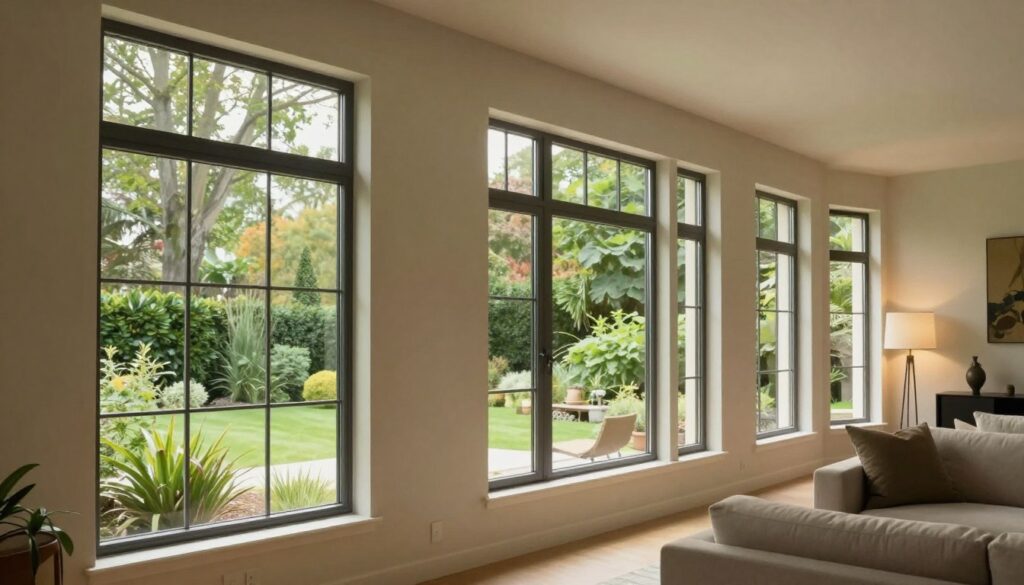 A modern living room showcasing a beautifully designed set of custom windows, highlighting their sleek frames and unique shapes. In the foreground, a close-up view of a large, elegant window with a view of a lush garden outside. The middle ground features additional windows crafted in various styles, including bay windows and floor-to-ceiling panes, allowing ample natural light to fill the space. The background features soft, warm lighting, creating a cozy and inviting atmosphere, with stylish furniture enhancing the room's aesthetics. The color palette should be soothing, with earth tones and soft greens to reflect nature. Aim for a high-resolution, dynamic angle that captures the beauty and craftsmanship of the custom windows, emphasizing their role in home design.