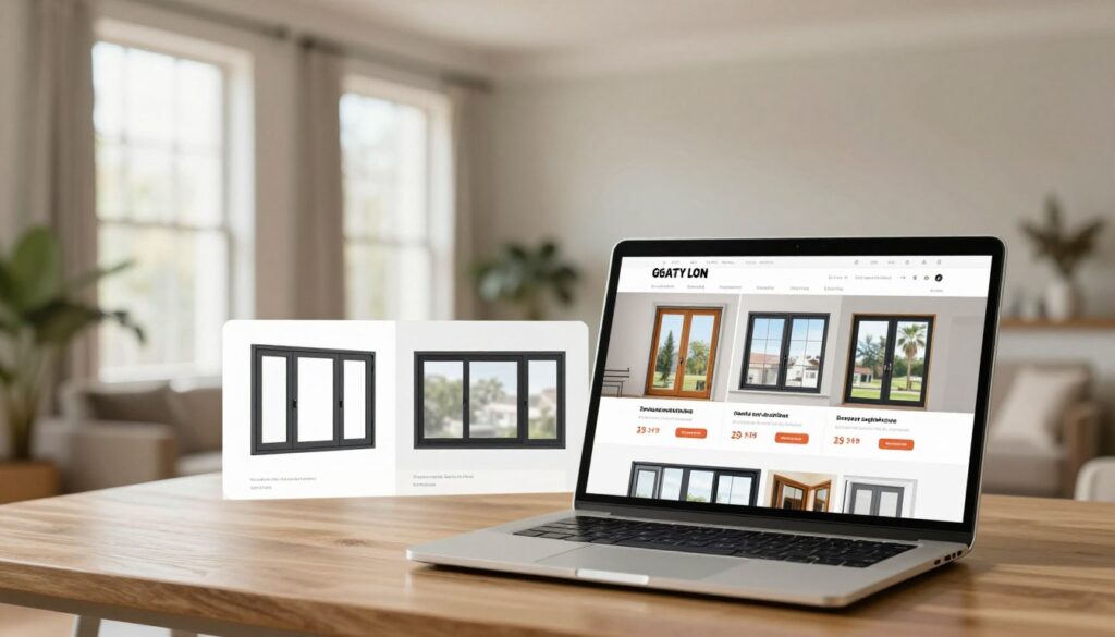 A modern online shopping interface for purchasing windows, displayed prominently in the foreground. The image features a sleek laptop on a wooden workspace, showcasing a website dedicated to window sales, highlighting various window styles with clear pricing options. In the middle ground, there are a few design mock-ups of energy-efficient windows, including double glazing and unique shapes like bay and sliding windows. The background consists of a soft-focus image of an elegantly furnished room with ample light streaming through large windows, suggesting spaciousness and comfort. The setting is bright and inviting, with natural light illuminating the scene, creating a warm and professional atmosphere.
