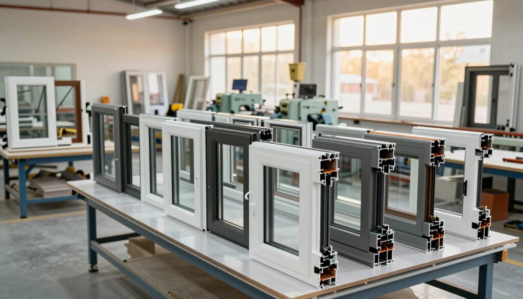A modern, professional window manufacturing workshop, showcasing a clean and organized space with high-quality windows in various stages of assembly. In the foreground, a range of finished windows with sleek frames, highlighting energy-efficient features. The middle ground features tools and machinery specifically designed for window fabrication, all well-maintained and arranged neatly. In the background, large windows let in warm, natural light, illuminating the workshop and creating a productive atmosphere. The scene conveys a sense of expertise and craftsmanship. The overall mood is bright and optimistic, emphasizing innovation in window construction. The perspective captures a wide angle, focusing on the interplay of light and the intricate details of the windows.