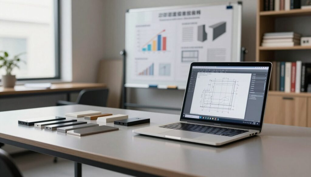 A modern, professional workspace dedicated to profile consulting and engineering. In the foreground, a sleek, polished table with a laptop open to CAD software displaying detailed profile designs and specifications. Beside the laptop, an array of metallic and plastic profile samples showcasing various shapes and sizes. In the middle ground, a large display board featuring graphs and charts related to profile performance and consulting services, well-lit by soft, natural light from nearby windows. The background features ambient elements like shelves filled with engineering books and materials, creating a scholarly atmosphere. The overall mood is focused and sophisticated, emphasizing the importance of expert consulting in profile technology.