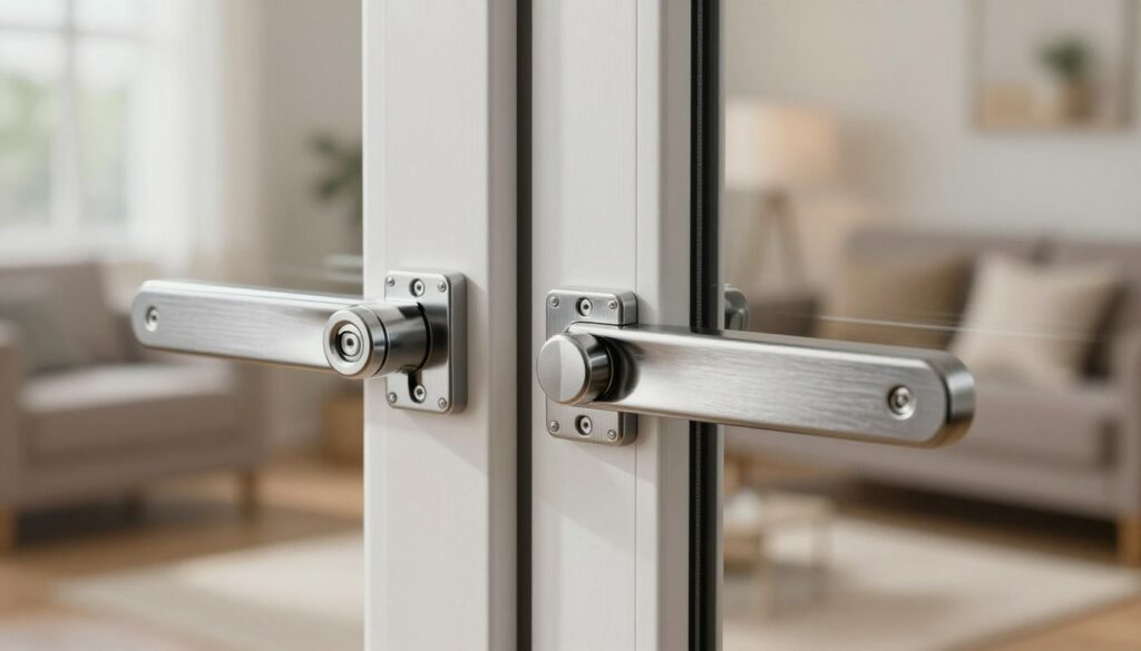 A modern, secure window showcasing high-quality window locks designed for burglary protection. In the foreground, focus on sleek, stainless steel window locks with advanced locking mechanisms, reflecting light to demonstrate their durability. The middle ground features a stylish, contemporary window frame that blends seamlessly with the locks, emphasizing a home interior's elegance. In the background, hints of a cozy living space are visible, including soft furnishings and ambient lighting that creates a warm atmosphere. Capture this scene with a soft focus lens to add depth, ensuring the lighting is bright yet inviting to convey security and comfort simultaneously. The overall mood should evoke a sense of safety and modernity in home protection solutions.