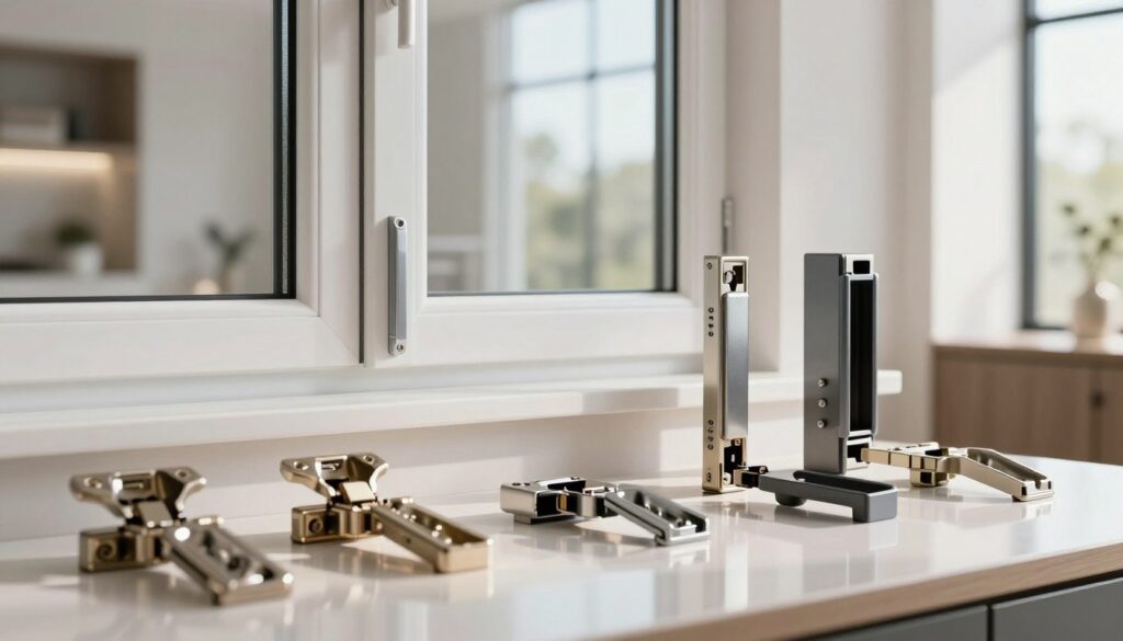A modern showcase of innovative window fittings and hardware, highlighting the latest trends in design and functionality. In the foreground, a variety of sleek, contemporary window hinges and locks are displayed on a polished surface, reflecting their high-quality finishes. The middle ground features a stylish window with these modern fittings elegantly attached, demonstrating their integration into contemporary architecture. The background reveals a well-lit, airy interior space with natural light streaming through the window, creating an inviting atmosphere. Soft shadows and highlights accentuate the textures of the hardware, while a subtle depth of field blurs the background slightly, drawing focus to the elegant craftsmanship of the window fittings. Emphasize a clean, professional aesthetic with an emphasis on innovation and style.