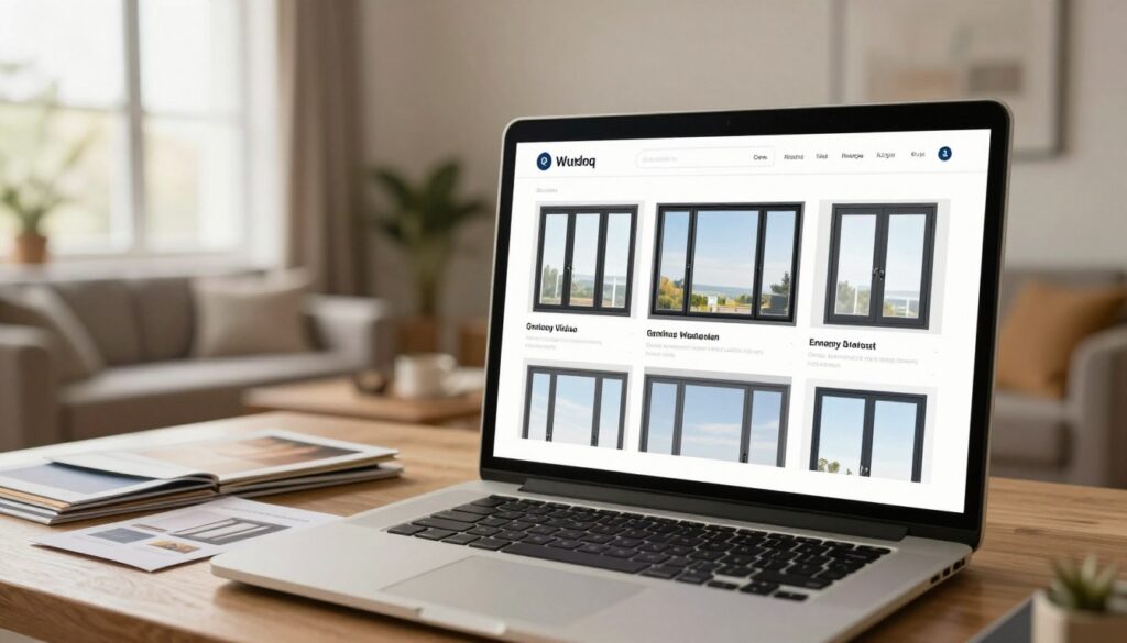 A modern, stylish online window shopping scene featuring a sleek digital interface displaying a variety of contemporary windows. In the foreground, a close-up of a high-resolution screen shows multiple window designs, including double-glazed and energy-efficient models. The middle ground features a well-organized, aesthetically pleasing workspace with a laptop and sample materials like brochures and catalogs. In the background, a soft-focus view of a cozy, bright living room with large windows, allowing natural light to pour in, creating an inviting atmosphere. The lighting is warm and inviting, supplemented by diffused daylight, enhancing the modern feel of the setting. The image captures a sense of ease, safety, and efficiency in the online purchasing process.