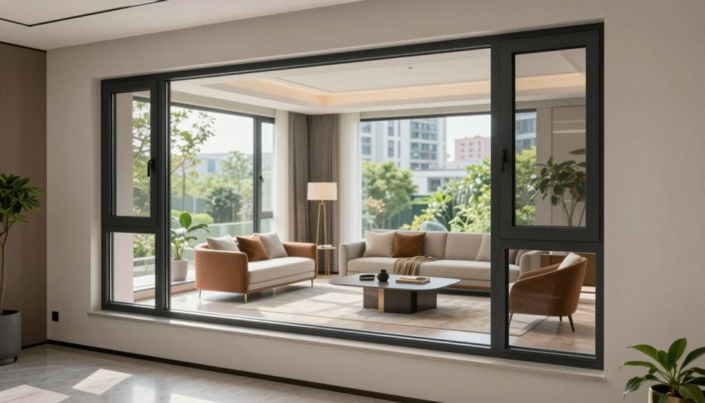 A modern window design showcasing sleek, energy-efficient frames and double-glazed glass. In the foreground, a meticulously styled window with clean lines and minimalistic features, reflecting contemporary architectural trends. The middle ground features a well-lit, airy room, adorned with natural light streaming through the window, highlighting the furniture's elegance and sophisticated color palette. In the background, a stylish urban landscape with greenery complementing the modern aesthetic. Soft, diffused lighting creates a serene and inviting atmosphere, emphasizing the harmony between indoor and outdoor spaces. Capture the scene from a slightly elevated angle to enhance depth and perspective, ensuring the window design stands out prominently.