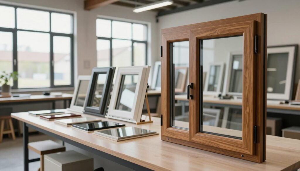 A modern window manufacturer’s workshop, showcasing a variety of custom-made window designs. In the foreground, a sleek, elegant wooden window frame with double-glazed glass shines under soft, diffused lighting. The middle ground features an array of stylish window samples arranged on a polished countertop, reflecting modern aesthetics and craftsmanship. The background includes large windows that allow natural light to flood the space, highlighting architectural details of the workshop, such as exposed beams and minimalist decor. The mood is professional yet inviting, emphasizing innovation in home design. The angle is slightly elevated, capturing both the intricacies of the window designs and the overall ambiance of the working environment.