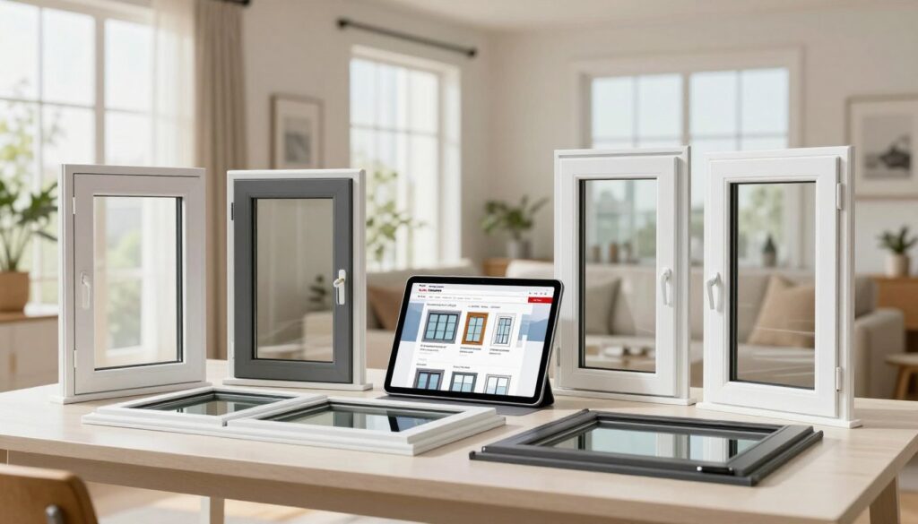 A neatly arranged assortment of beautiful, modern windows showcased on a clean, well-lit table in a contemporary home environment. The foreground captures a close-up of various window styles including double-hung, casement, and sliding windows, all featuring sleek frames and clear glass. In the middle, a digital tablet displays an online shopping interface with window options, emphasizing the convenience of purchasing windows online. The background features a bright, airy room with natural light streaming through large open windows, creating a welcoming and efficient atmosphere. The scene conveys a sense of ease and reliability, with soft, warm lighting enhancing the inviting mood of the image. Focus on clarity and detail without the presence of any people.