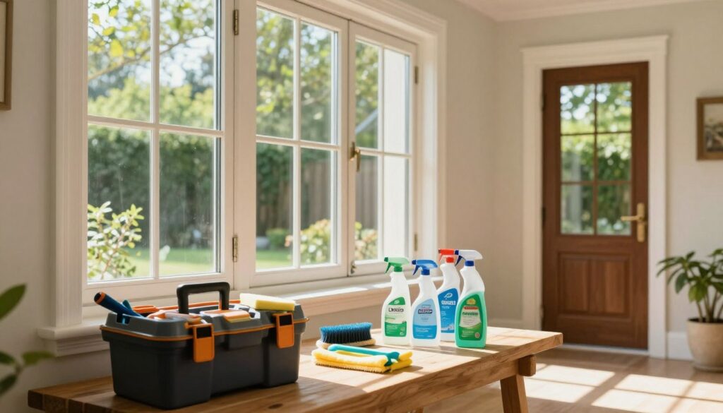 A picturesque scene showcasing the care and maintenance of windows and doors in a beautifully designed home. In the foreground, a well-organized toolkit with cleaning supplies, such as brushes and eco-friendly window cleaners, is displayed neatly on a wooden workbench. The middle layer reveals a large, elegant window being skillfully cleaned, with sunlight streaming through, casting warm light across the space. In the background, a stylish entry door, partially open, invites nature in, framed by lush greenery. Soft natural light highlights the textures of the wood and glass, creating a tranquil atmosphere of home upkeep and attention to detail, embodying a sense of professionalism and care without any human presence.