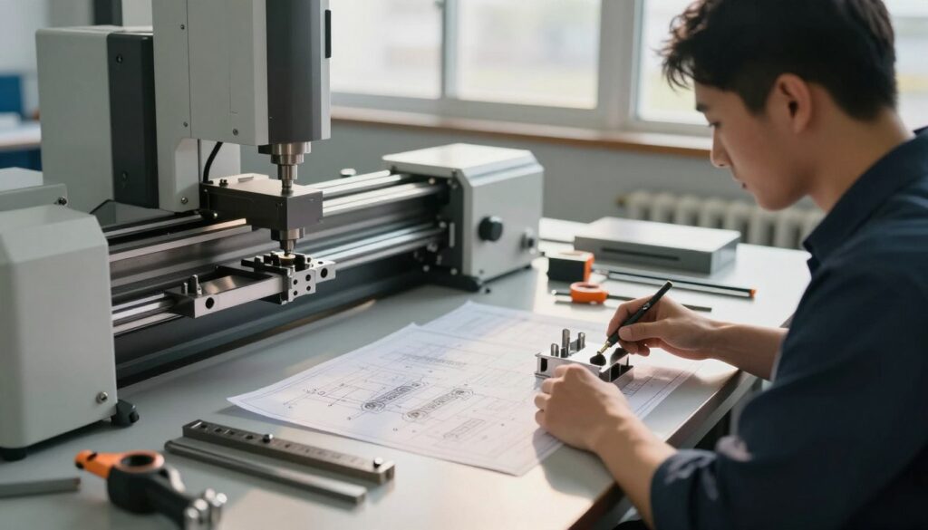A professional profile manufacturer at work in a modern workshop. In the foreground, showcase sophisticated machinery and cutting tools used for creating profiles, with intricate metal and plastic materials prominently displayed. The middle ground features a clean workbench cluttered with detailed blueprints and measuring instruments, indicating precision and craftsmanship. In the background, large windows allow natural light to flood the space, enhancing the atmosphere of innovation and productivity. The overall mood is one of focus and dedication, with soft, warm lighting casting gentle shadows that highlight the textures of the materials. Capture this scene from a slightly elevated angle, emphasizing the scale of the workshop and the intricate details of the manufacturing process.