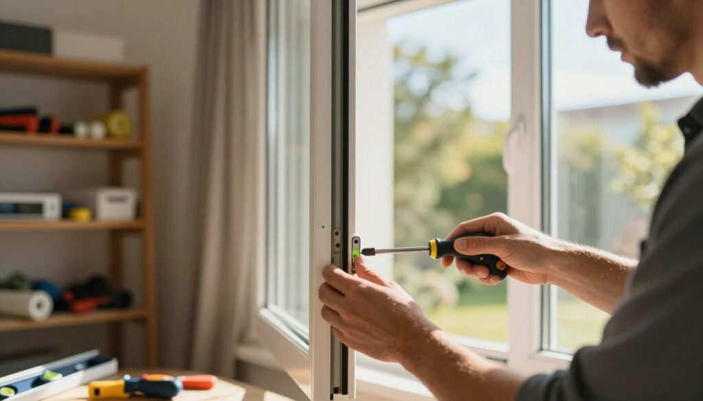 A professional window repair scene in a cozy residential environment. In the foreground, there is a close-up of a skilled craftsman's hands carefully adjusting a window frame, demonstrating precision with tools like a level and screwdriver. The middle ground features a partially open window showcasing a bright, sunny day outside, with trees and blue sky visible. In the background, there are shelves filled with various window repair materials and tools. The lighting is warm and inviting, with soft sunlight filtering through the window, creating a calming and productive atmosphere. Focus on clarity and detail to convey the importance of expert assistance in window repair.