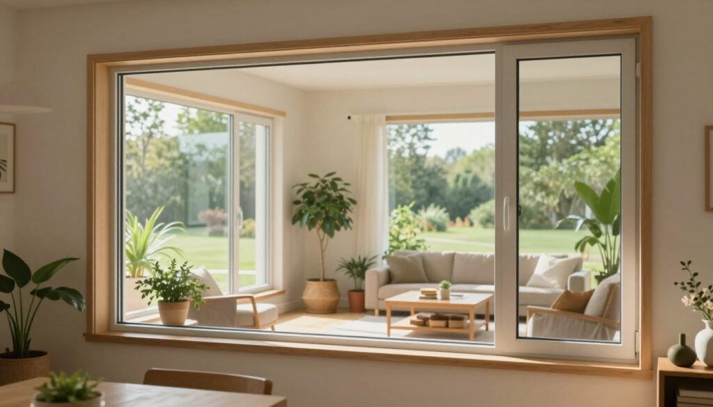 A serene and inviting home interior showcasing new energy-efficient windows, emphasizing crisp lines and modern design. In the foreground, a beautifully installed window allows soft, natural light to cascade into the cozy room, highlighting the clean, stylish decor. The middle ground features a neatly arranged living space with potted plants and comfortable furniture, while the background reveals a lush green landscape visible through the window, symbolizing connection with nature. The atmosphere conveys warmth and comfort, ideal for homeowners reflecting on their positive experiences with window grant programs. The lighting should be soft and warm, creating an inviting feel that emphasizes the benefits of energy efficiency and home aesthetics. No people are included in the scene, focusing solely on the environment.