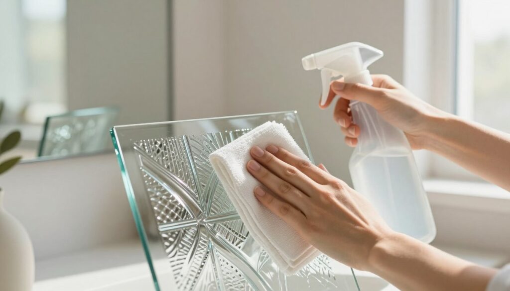A serene and inviting scene depicting the cleaning of structured glass, showcasing a hands-on approach to maintaining ornament glass. In the foreground, an elegant hand holding a microfiber cloth gently wipes a shimmering piece of structured glass, revealing its intricate patterns. In the middle ground, a soft spray of glass cleaner glistens in the light, highlighting the reflective quality of the glass surface. The background features a softly blurred interior setting, perhaps a sunlit room with minimalistic decor, enhancing the calm atmosphere. Natural light filters in through a nearby window, creating subtle reflections and shadowing that accentuate the glass. The overall mood is fresh, clean, and professional, embodying the essence of careful glass maintenance without the presence of any human figures.