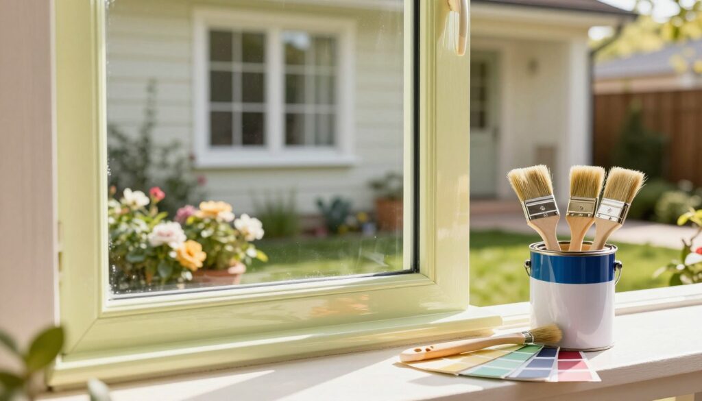A serene scene showcasing the care and maintenance of window paints. In the foreground, a bright and well-maintained window frame with fresh, glossy paint reflects sunlight, illustrating its vibrancy. Nearby, a set of paintbrushes and a can of paint with a color swatch display various shades suitable for window frames. In the middle ground, a small garden with blooming flowers enhances the beauty of the window. The background features a charming, softly lit home exterior, emphasizing the importance of window color in enhancing curb appeal. Warm, natural lighting cascades over the scene, creating an inviting and professional atmosphere. The focus is on detail and freshness, capturing the essence of proper window paint care and maintenance.