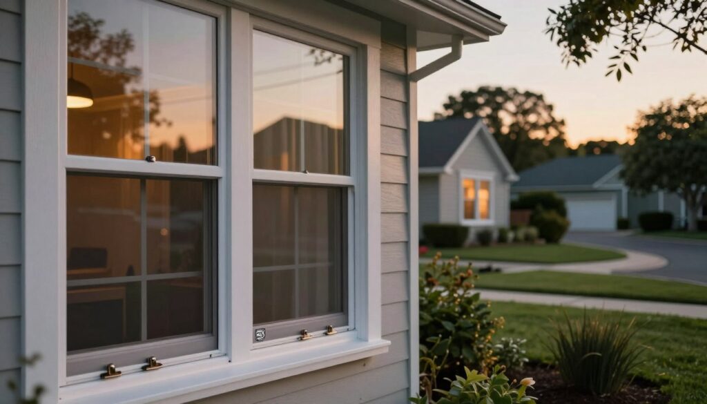 A serene suburban home during twilight, featuring secure, modern windows that are visibly reinforced with locks and security film. In the foreground, a close-up of a pristine window with sturdy latches and a subtle security sticker adds focus. In the middle ground, the well-maintained garden reflects a peaceful atmosphere, while the soft glow from interior lights suggests the home is safe and warm. The background showcases a quiet neighborhood street, with lush trees framing the house. The scene is illuminated by soft, golden sunset lighting casting gentle shadows, enhancing a sense of security and tranquility, ideal for illustrating the concept of window security during travel. The overall mood is calm and reassuring, evoking a sense of safety and preparedness.