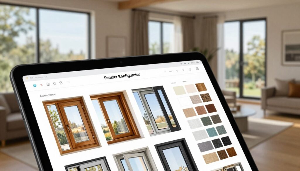 A sleek, modern "Fenster Konfigurator" interface displayed on a large touchscreen. The foreground features the touchscreen with vibrant graphics showcasing various customizable window designs, including materials like wood, aluminum, and vinyl. In the middle ground, a selection of color swatches and texture options is neatly organized, inviting exploration. The background is a stylish interior scene of a contemporary living room with natural light streaming through large, beautifully designed windows, highlighting the materials. Use soft, diffused lighting to accentuate the textures and materials of the windows, creating a warm, inviting atmosphere. The angle should be slightly above eye level to give a broader view of the configurator and the room setting.