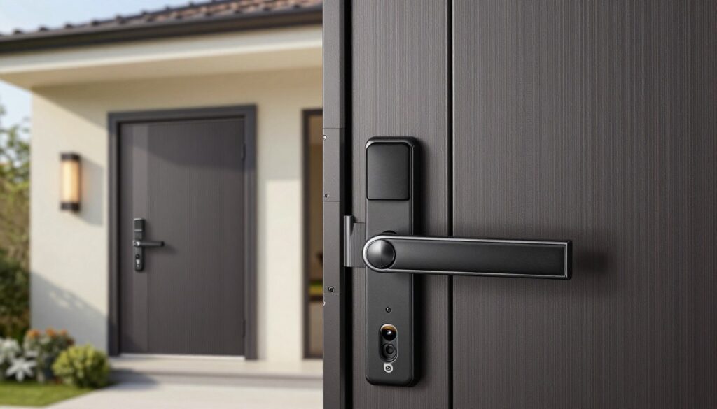 A sophisticated display of Schüco door systems focused on safety features. In the foreground, showcase a modern, secure door with advanced locking mechanisms and reinforced materials, highlighting its sleek design. The middle ground should include a close-up view that emphasizes the details of the door's construction, such as weatherproof seals and durable hardware. The background features a well-lit, contemporary home exterior, with soft, natural daylight creating a warm ambiance. Use a slightly elevated angle to capture the door's prominence in the setting. The overall mood should convey security, innovation, and elegance, underscoring the importance of safety in modern door design without any human figures present.