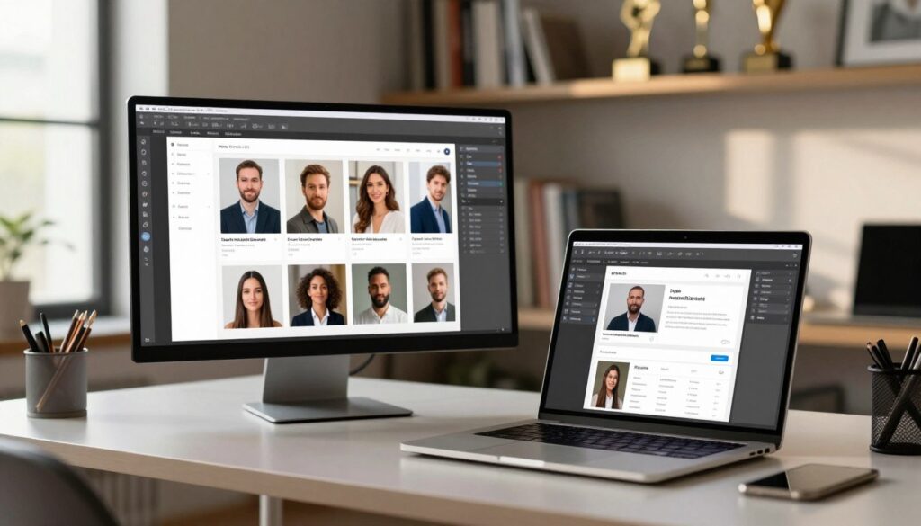 A sophisticated workspace depicting a professional profile creation and customization process. The foreground features a sleek, modern desk with a high-quality laptop displaying a design software interface, showcasing various customizable profile templates. In the middle ground, a large screen presents an array of finished profile styles, neatly organized, inviting collaboration. The background is softly blurred, highlighting shelves filled with industry-related books and awards, suggesting expertise and professionalism. Soft, natural lighting filters in through a large window, casting gentle shadows that create a productive atmosphere. The overall mood is focused and innovative, conveying the essence of tailored profile solutions.