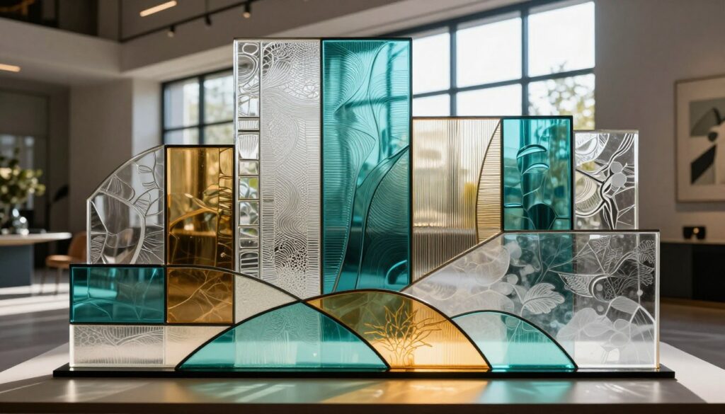 A striking composition featuring modern decorative glass designs, showcasing a harmonious blend of geometric shapes and organic patterns. In the foreground, highlight a piece of translucent glass art with fluid lines, colored in shades of teal, amber, and frosted white, set against a softly illuminated surface. The middle layer presents an array of trendy glass murals, each exhibiting intricate textures and dynamic patterns. In the background, create an ambiance of a stylish interior space, with natural light streaming through large windows, casting gentle reflections and soft shadows. Use a wide-angle lens perspective to emphasize depth and showcase the vibrant interplay of light and color. The mood should convey sophistication and artistic flair, appealing to contemporary design enthusiasts.