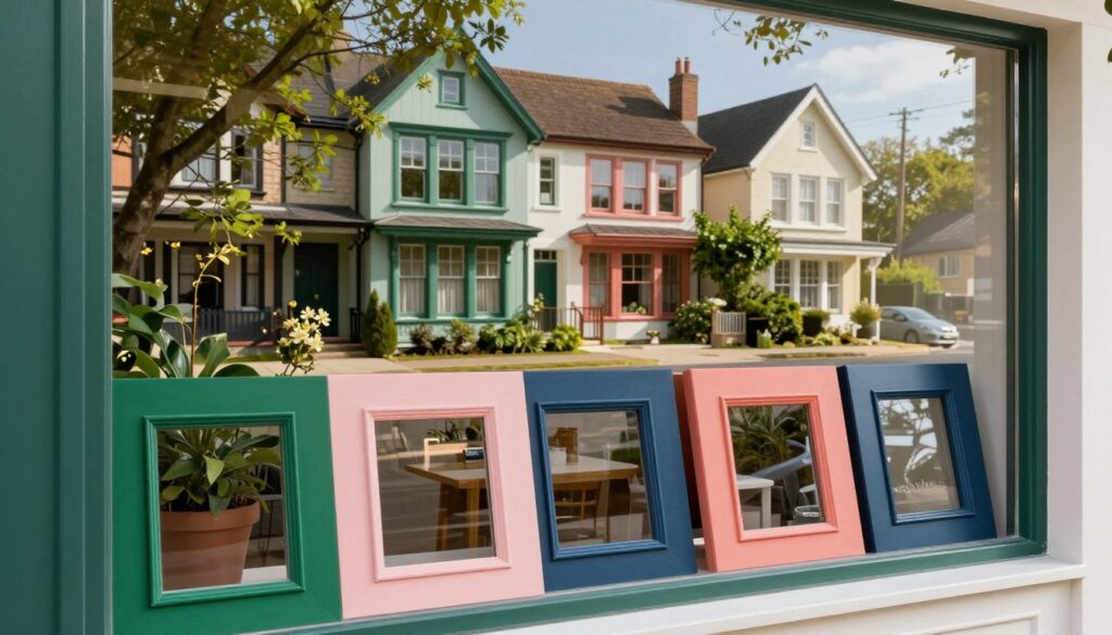 A stylish display of window colors reflecting the latest trends of 2023. In the foreground, a variety of elegantly painted window frames, showcasing a spectrum of colors like deep emerald green, soft coral pink, and muted navy blue, each with sleek, modern designs. The middle showcases a series of homes with large windows, beautifully framed by trendy colors, blending with lush greenery. In the background, a serene neighborhood scene with charming architecture under bright, natural sunlight casting soft shadows. The atmosphere is vibrant yet calming, emphasizing the aesthetic appeal and contemporary style of these window color trends. The overall composition should evoke inspiration and sophistication, perfect for interior design enthusiasts.