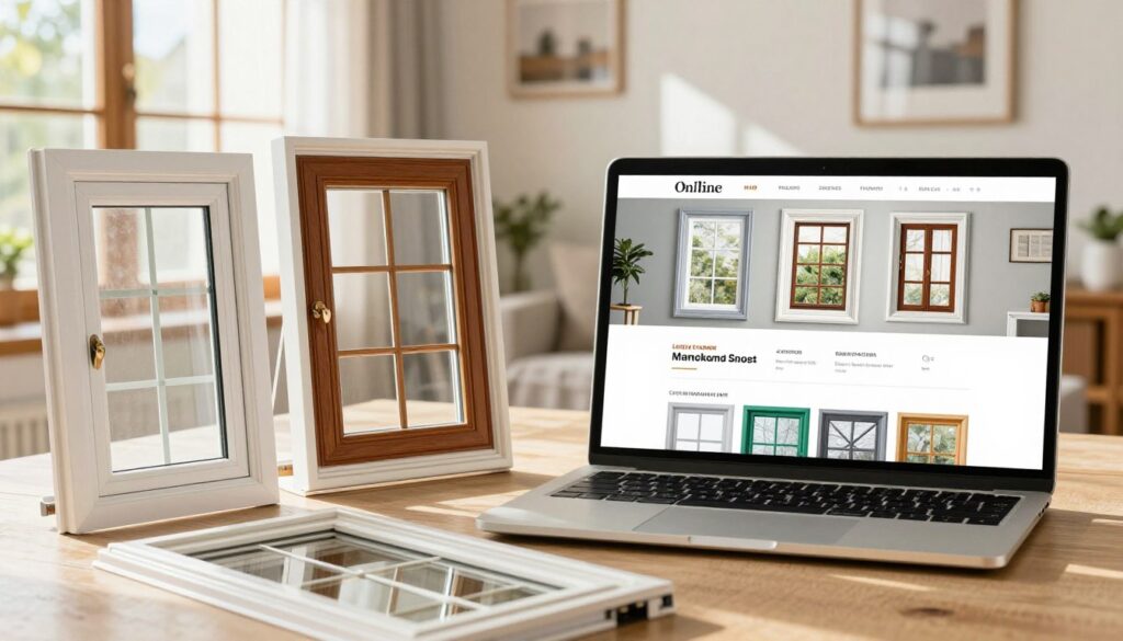 A vibrant scene showcasing a variety of elegant windows available for online purchase. In the foreground, display a selection of stylish window designs, including modern, traditional, and energy-efficient options, featuring clear glass and decorative frames. The middle ground should present a sleek, user-friendly website interface on a laptop, illustrating seamless navigation. In the background, depict a cozy home setting with sunlight streaming through these windows, enhancing the warmth and inviting atmosphere. The lighting should be bright and airy to evoke a sense of clarity and excitement about home improvement. Use a slightly elevated angle to capture the arrangement harmoniously, emphasizing both the windows and the digital purchasing experience.