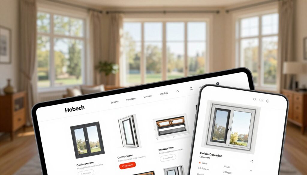 A visually appealing online shop layout showcasing a variety of windows. In the foreground, feature a sleek digital interface displaying options for custom-made windows, including detailed images and specifications. In the middle ground, illustrate standard windows arranged attractively to emphasize their popularity, with labels mentioning dimensions and materials. The background should consist of a cozy, well-lit room with large windows that highlight the natural light flooding in, creating an inviting atmosphere. Use soft, warm lighting to enhance the inviting mood. The angle should be slightly tilted to add dynamism, showcasing both the online shopping experience and the beauty of the windows in a home setting. Ensure the overall composition is clean and professional without any people present.