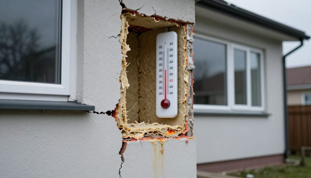 A visually compelling image illustrating the risks associated with poor U-value and inadequate building insulation. In the foreground, depict a detailed cross-section of a house showing clear signs of thermal inefficiency: visible cracks in walls, inadequate insulation material, and heat escaping through windows. In the middle ground, visualize a thermometer indicating high temperatures inside juxtaposed with cold external elements, signifying an imbalance. The background should feature an exterior view of the house under dim, overcast lighting to evoke a sense of discomfort and urgency. Use a slight angle to enhance depth and focus on the inefficiencies. The mood is serious and informative, aimed at raising awareness about energy inefficiency in buildings.