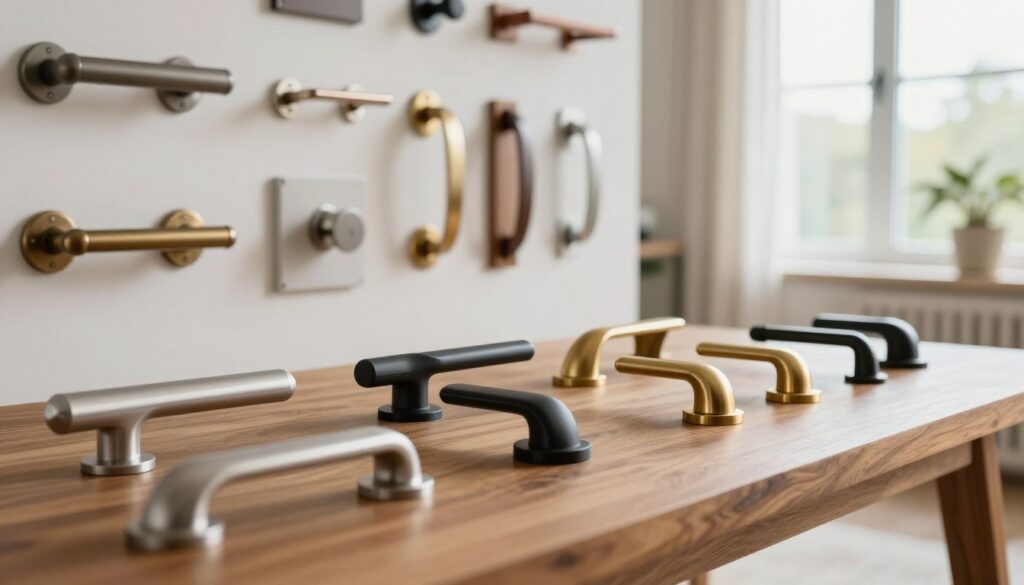 A visually striking arrangement of various window handles (Fenstergriffe) displayed on a polished wooden table in a modern setting. In the foreground, a close-up view reveals a selection of elegant and contemporary handles in silver, black, and brushed gold finishes, highlighting their unique textures and shapes. The middle ground features a few samples mounted on a stylish wall, showcasing different styles, including ergonomic designs and vintage aesthetics. The background softly blurs the interior of a well-lit room with natural light streaming through large windows, creating a warm and inviting atmosphere. The scene is captured from a slight angle, emphasizing the quality craftsmanship of the handles, with a depth of field that draws attention to their details.