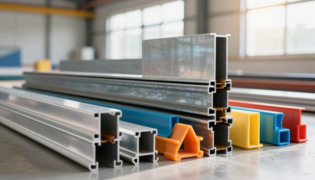 A visually striking composition showcasing sustainable aluminum profiles, plastic profiles, and steel profiles arranged harmoniously in a bright, modern factory setting. In the foreground, gleaming aluminum profiles reflect natural light, while colorful plastic profiles in various shapes and sizes provide contrast. The middle ground features sturdy steel profiles, demonstrating their robustness. The background includes large windows allowing sunlight to flood in, creating a warm and inviting atmosphere. Soft shadows enhance the textures of the materials, and a shallow depth of field emphasizes the profiles as the focal point. The overall mood is one of innovation and sustainability, with an emphasis on eco-friendly construction materials. Aim for a crisp, high-resolution image that conveys a sense of quality and durability in modern manufacturing.