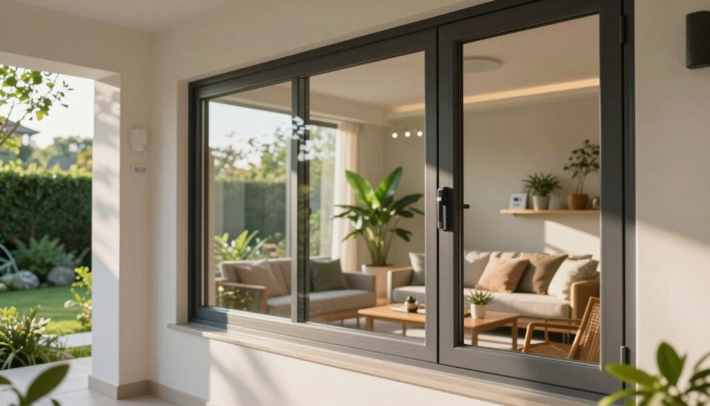 A visually striking depiction of energy-efficient windows in a modern home setting, showcasing their sleek design and advanced technology. In the foreground, focus on a well-installed window with triple glazing, highlighting the reflections of sunlight streaming through it. The middle ground features a cozy living space bathed in natural light, with energy-saving attributes like smart thermostats and indoor plants promoting a green atmosphere. In the background, a beautifully landscaped garden can be seen, symbolizing sustainability. Use soft, warm lighting to create an inviting mood, while a shallow depth of field emphasizes the windows. Capture the image from a slightly low angle to enhance the windows' prominence and create a sense of depth. Overall, convey a sense of modernity and eco-friendliness without any human presence.