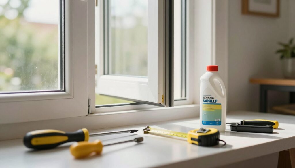A well-maintained window with intricate detailing, highlighting the process of performing window maintenance. In the foreground, showcase a variety of professional tools like a screwdriver, measuring tape, and lubricant neatly arranged on a sleek workbench. In the middle ground, emphasize the window itself, positioned slightly open, exposing its well-adjusted mechanics and seals, illuminated by soft, natural daylight filtering through from the back. In the background, a softly blurred home interior suggests a warm, inviting atmosphere, with hints of greenery visible outside the window. The overall mood should convey a sense of care and professionalism, capturing the essence of attentive window maintenance. The image should be clear and detailed, reflecting a focus on quality and proper upkeep.
