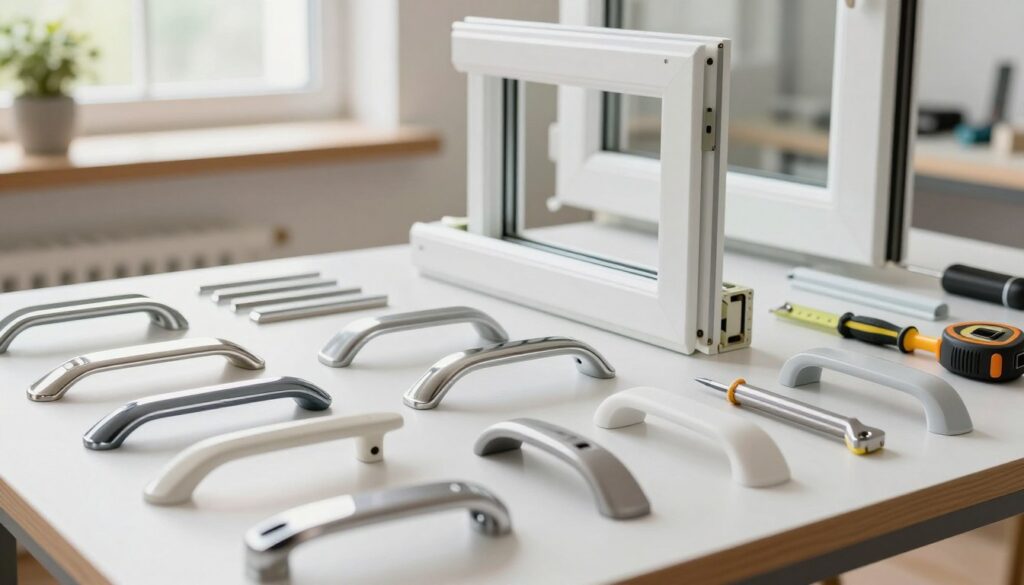 A well-organized workspace showcasing a variety of window accessories and handles for installation. In the foreground, focus on an array of metallic and plastic window handles in sleek designs, alongside small tools like screwdrivers and measurement tape. In the middle, a partially assembled window frame stands prominently with its corresponding accessories laid out neatly, hinting at a DIY installation process. The background should feature a clean, bright workshop with soft natural lighting pouring in from a nearby window, illuminating the workspace and creating a professional atmosphere. Emphasize clarity and detail on the materials, with a slight depth of field to draw attention to the front elements, capturing the essence of a step-by-step guide in home improvement.