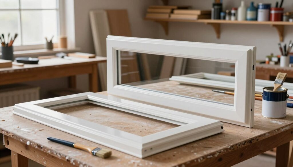 A woodworker's workshop showcasing the process of painting window frames. In the foreground, a pristine window frame sits on a workbench, freshly sanded, ready for a coat of glossy white paint. Tools are scattered around, including brushes and paint cans. In the middle, a partially painted frame catches the light, showing a smooth, even finish reflecting the workshop's warm ambiance. The background is filled with shelves lined with wood and painting supplies, bathed in soft, natural light streaming through a large window. The atmosphere is calm and focused, emphasizing craftsmanship and the aesthetic enhancement of well-painted window frames, showcasing their importance in interior design.