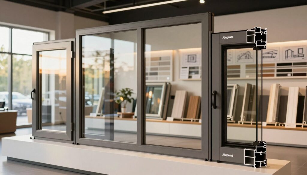 Aluplast window systems displayed prominently in a modern, elegantly designed showroom. In the foreground, showcase a variety of Aluplast window models, highlighting their sleek frames and high-quality materials. The middle ground features the reflection of soft, natural daylight filtering in through the large glass panels, creating a warm atmosphere that accentuates the windows' energy-efficient qualities. In the background, showcase a subtle display of construction and design elements, such as sample materials and blueprints, emphasizing the technical aspects of window selection. Use soft, diffused lighting to enhance the inviting ambiance while maintaining a clear focus on the Aluplast products. Ensure the overall mood is informative and professional, reflecting the essence of quality and innovation in window design. No people should be present.