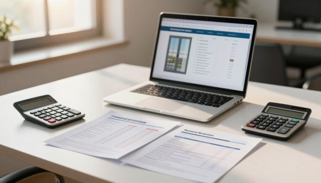 An elegant composition depicting various financing options for window purchases, focusing on a well-organized desk setup. In the foreground, there are brochures and financial documents spread out, showcasing interest rates and payment plans, accompanied by a calculator and a laptop. The middle ground features an open laptop displaying a comparison chart of window financing options, with a soft glow emanating from the screen. In the background, a stylish window is partially visible, allowing natural light to filter in, enhancing the ambiance. The scene is framed by a blurred, modern office setting, creating a professional atmosphere. The lighting is warm and inviting, casting gentle shadows, suggesting a sense of trust and reliability in financial decisions. The angle of view is slightly above the desk, providing a comprehensive overview of the scene.