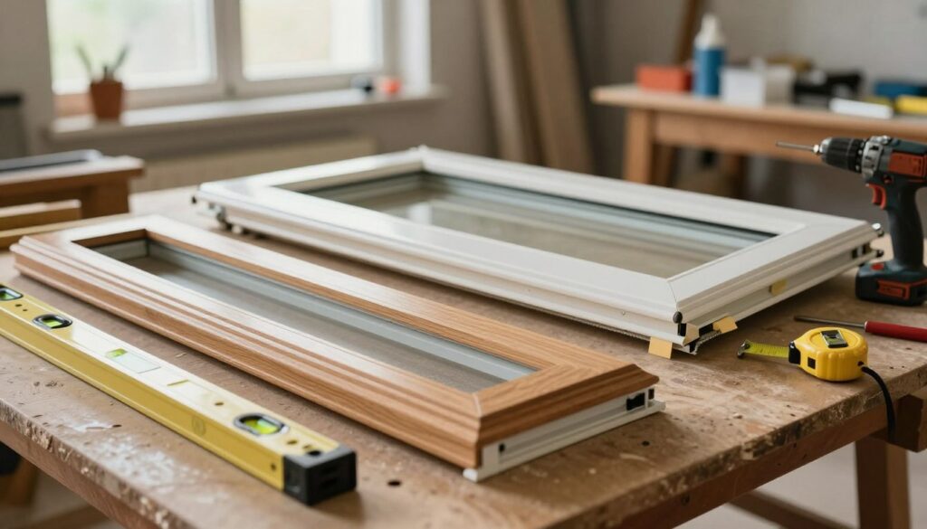 An image of window frame installation featuring an assortment of window frames laid out on a workbench, with tools like a level, measuring tape, and a drill nearby. The foreground focuses on a well-crafted wooden window frame with intricate detailing and a fresh coat of paint, showcasing quality craftsmanship. The middle ground depicts a partially installed window with visible gaps and sealing materials, highlighting the installation process. The background shows a softly lit workshop with various building supplies and a large window letting in natural light, creating an inviting atmosphere. The overall mood is professional and diligent, reflecting a skilled craftsmanship vibe. Use soft, warm lighting to enhance the natural wood tones and create depth.