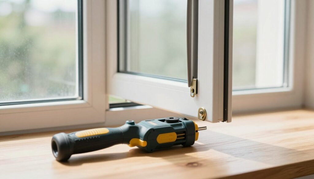 An informative scene depicting the process of adjusting windows, featuring a close-up of a professional-grade window adjustment tool laid on a smooth wooden surface in the foreground. In the middle ground, a partially open window with visible hardware adjustments showcases the mechanisms involved in window calibration, while a bright, airy room bathed in soft, natural light fills the background. The sunlight filters through the glass, creating subtle reflections and shadows, enhancing the sense of clarity and precision. The overall mood is one of focus and diligence, conveying the importance of proper window adjustment for efficiency and comfort. The composition should be crisp and well-defined, emphasizing the tools and processes without any people present.