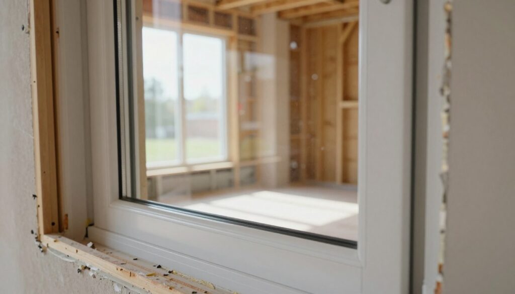 An intricately detailed image of a modern window installation in progress. In the foreground, highlight a partially installed double-glazed window frame, showcasing the precision of the fitting and the materials used. The middle ground features a spacious room with exposed wall framing, demonstrating the interior structure around the window installation. In the background, a bright, sunlit day shines through the partially completed window, casting soft shadows across the room. Use natural light to create an inviting atmosphere, emphasizing calmness and clarity. The camera angle should be slightly elevated, providing a comprehensive view of the installation process, while maintaining a professional and clean aesthetic. No people are present in the scene, allowing the focus to remain entirely on the window installation itself.