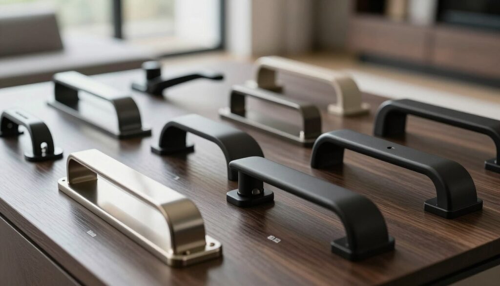 Close-up of a variety of detailed window fittings and handles arranged aesthetically on a sleek, dark wooden surface. The foreground features an array of polished metal and matte black window hardware, showcasing different shapes and mechanisms, with labels highlighting their distinct features. Soft, diffused lighting illuminates the scene, casting gentle shadows that enhance the textures of the materials. The middle ground gradually fades into a blurred background that hints at a modern living space, enhancing the focus on the fittings. Capture the essence of functionality and elegance, evoking a sense of quality craftsmanship and contemporary design throughout the composition.