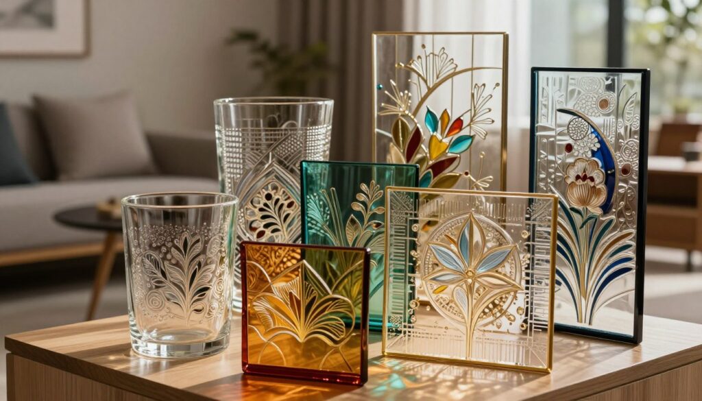 Create a visually stunning composition showcasing various types of ornament glass patterns suitable for modern interiors. In the foreground, feature an elegant piece of ornament glass with intricate textures and designs, such as geometric patterns, floral motifs, and abstract shapes, reflecting light in a captivating way. In the middle ground, display a stylish room environment with minimalist furniture and warm wood tones, enhanced by soft, diffused lighting to emphasize the transparency and color diversity of the glass. In the background, incorporate a subtle, modern decor setting, hinting at a harmonious blend of contemporary styles. Capture the scene from a slightly elevated angle to provide a comprehensive view, creating an inviting and sophisticated atmosphere, devoid of any human subjects. Focus on clarity and detail, emphasizing the beauty and versatility of ornament glass in interior design.