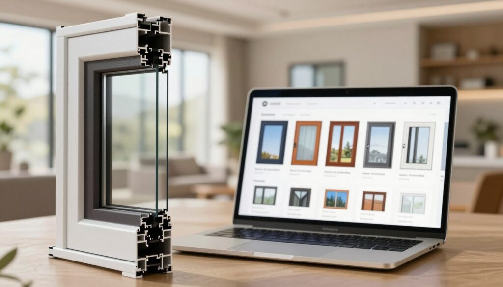 High-quality windows displayed in a modern, online shopping environment. In the foreground, a beautifully designed window with sleek frames and energy-efficient glass, showcasing intricate details and textures. The middle ground features a digital interface on a laptop or tablet, highlighting the ease of selection with various window styles and color options. In the background, a bright and inviting interior space illuminated by natural light, emphasizing the windows' transparency and design harmony. The overall atmosphere is warm and professional, invoking a sense of accessibility and trust. Soft lighting enhances the colors and details of the windows, creating an inviting and modern ambiance, ideal for illustrating expert tips on selecting the right windows.